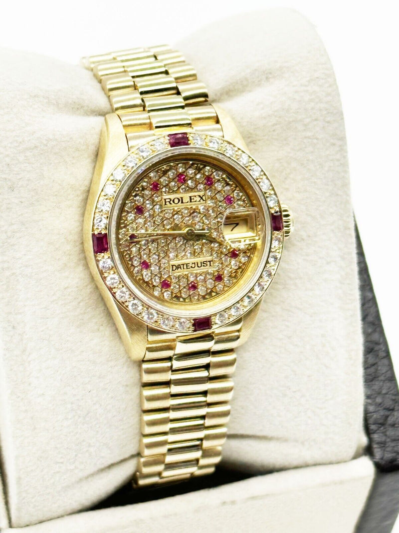 Rolex Ladies President 69178 Diamond and Ruby Dial and Bezel 18K Yellow Gold