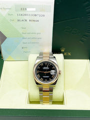 Rolex Datejust 116201 Black Roman Dial 18K Rose Gold Steel Box Paper 2007