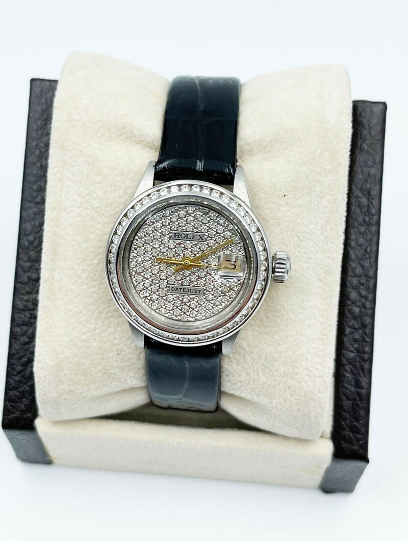 Rolex Ladies Datejust 6917 Diamond Dial Diamond Bezel Stainless Leather Strap