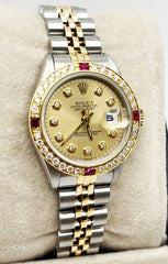Rolex Ladies Datejust 69173 Diamond Dial Diamond Ruby Bezel 18K Gold Steel