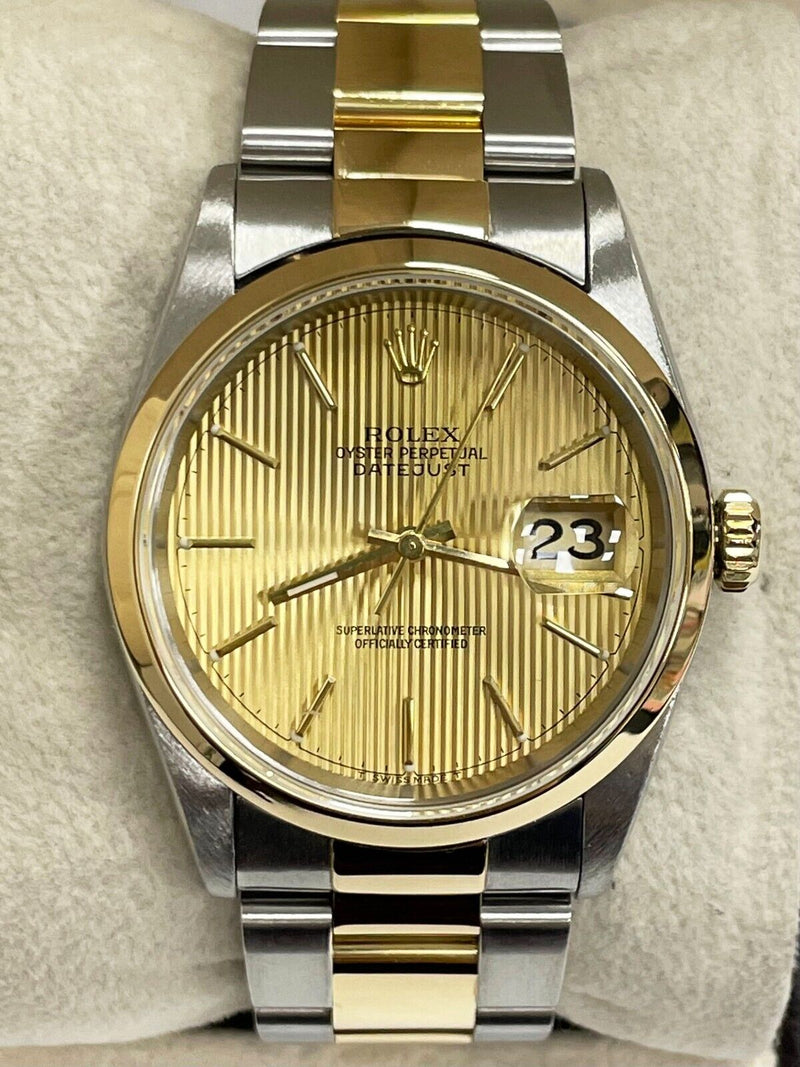 Rolex Datejust 16203 Tapestry Dial 18K Yellow Gold Stainless Box Paper