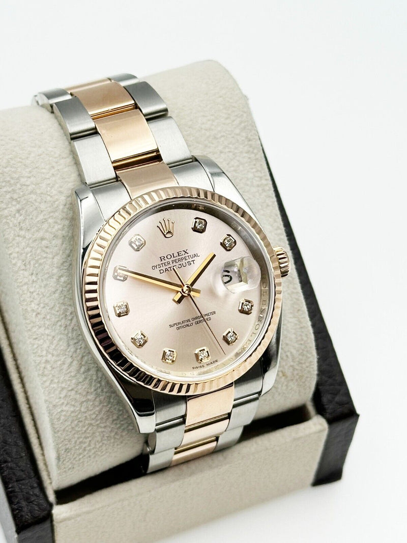 Rolex Datejust 116231 Diamond Dial 18K Rose Gold Stainless Box Paper