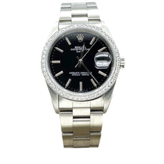 Rolex 15200 Oyster Perpetual Date Black Dial Diamond Bezel Stainless Steel