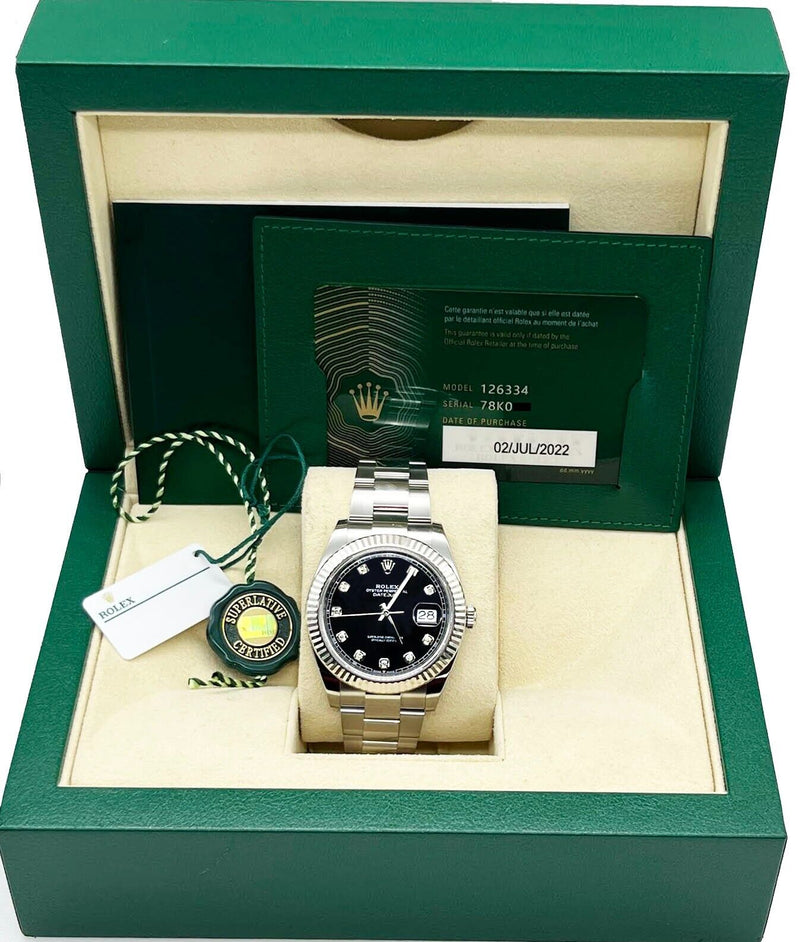 2022 Rolex 126334 Datejust 41 Black Diamond Dial Stainless Steel Box Paper