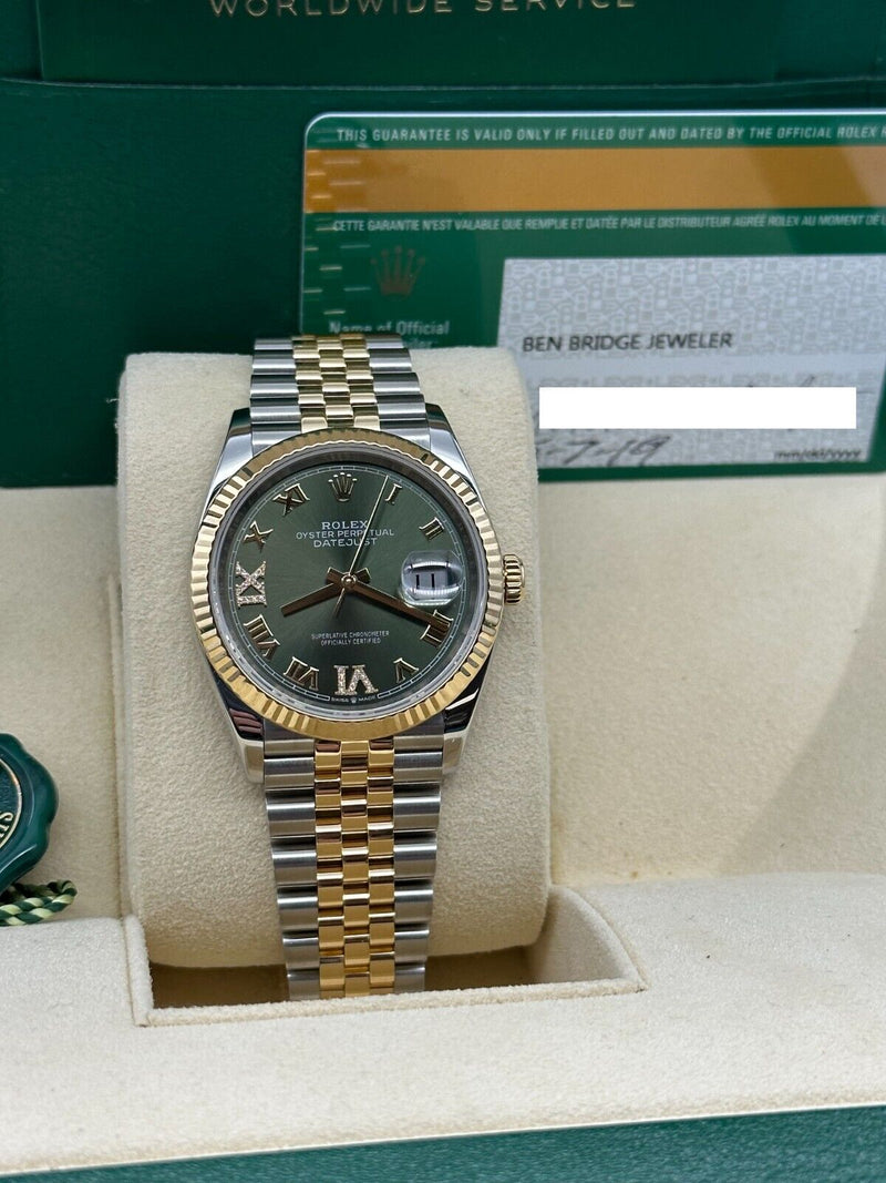 Rolex Datejust 126233 Green Roman Diamond Dial 18K Yellow Gold Steel Box Paper