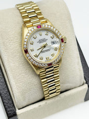 Rolex Ladies President 18K Gold 79068 Rare Factory Ruby Diamond Bezel White Dial