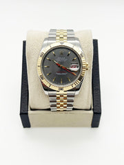 Rolex 116263 Datejust Turn o Graph Silver Dial 18K Yellow Gold Steel Box Paper