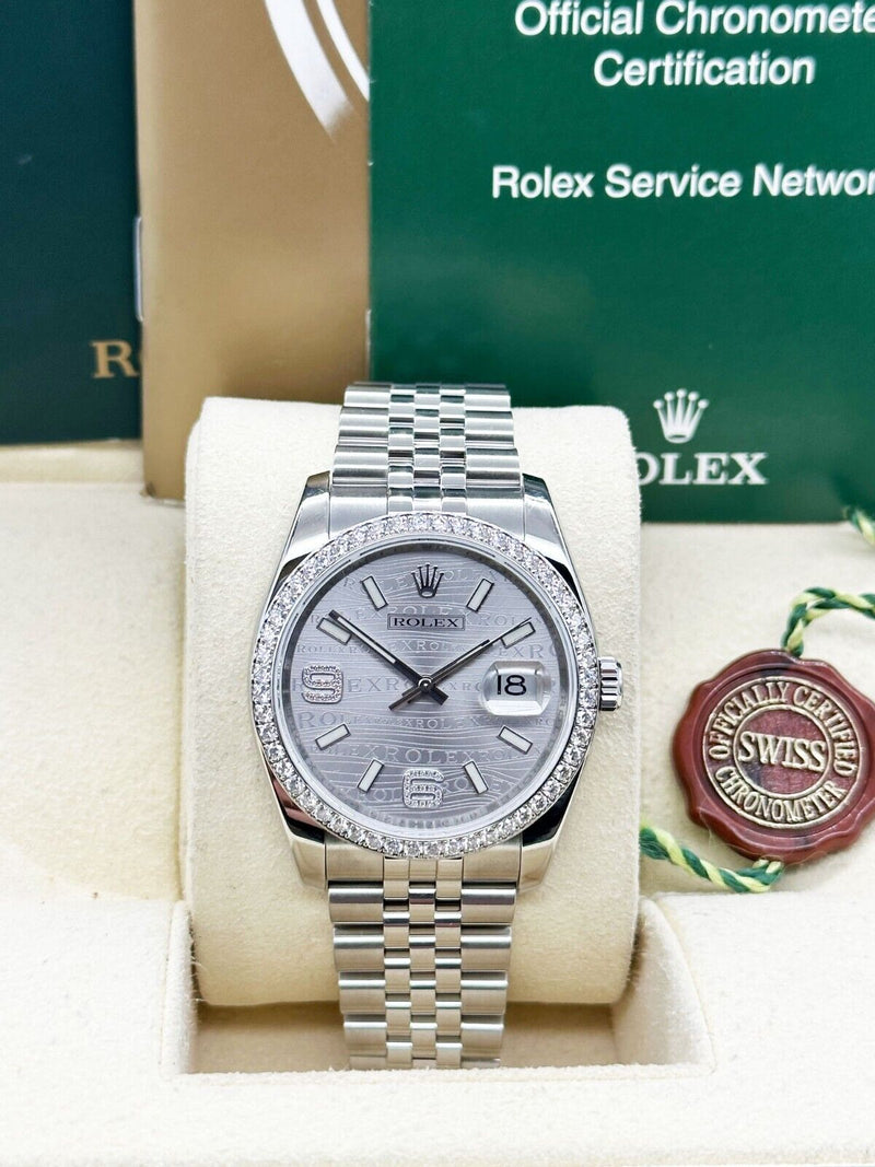 Rolex 116244 Datejust Rhodium Wave Dial Diamond Bezel Stainless Box Booklet