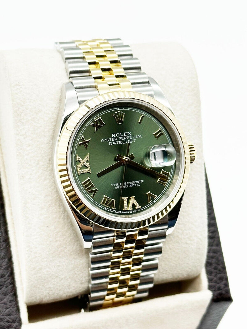 Rolex Datejust 126233 Green Roman Diamond Dial 18K Yellow Gold Steel Box Paper