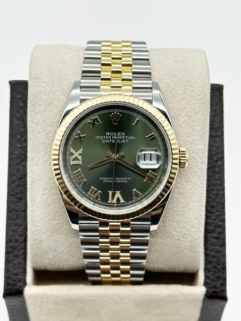 Rolex Datejust 126233 Green Roman Diamond Dial 18K Yellow Gold Steel Box Paper