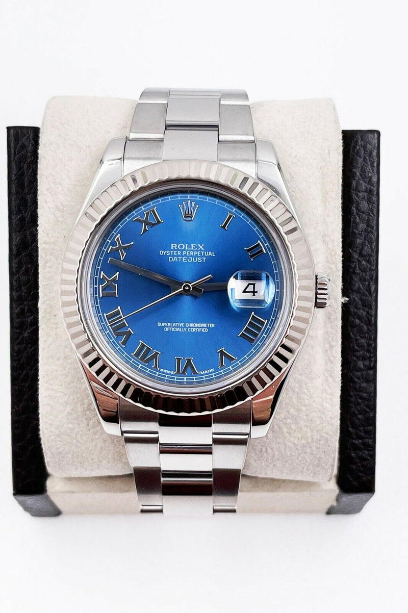 Rolex 116334 Datejust 41 Blue Roman Dial Stainless Steel 18K White Gold Bezel