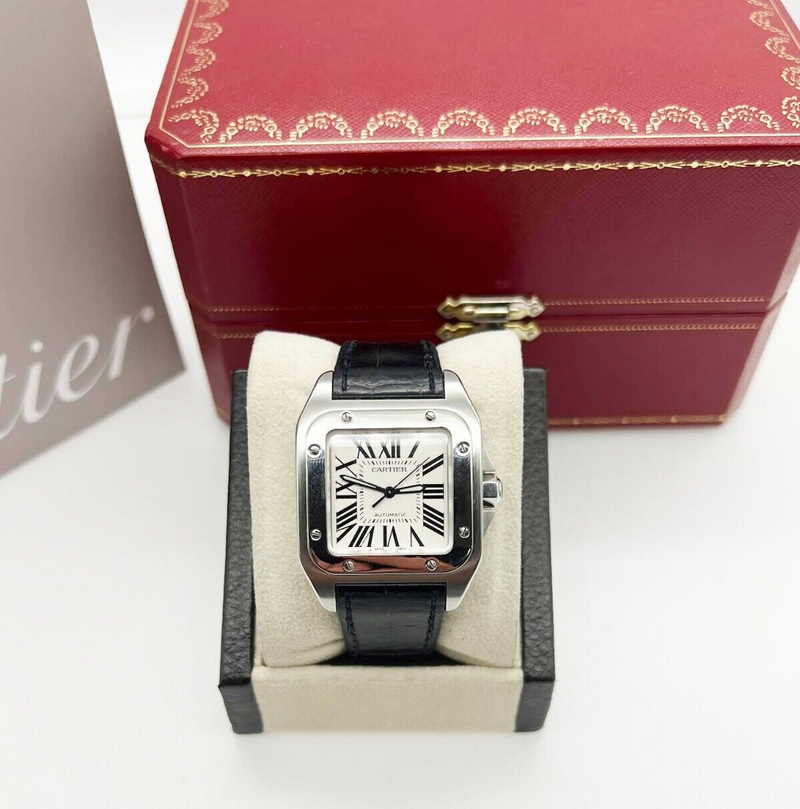 Cartier Ref 2878 Santos 100 Midsize Stainless Steel Leather Strap Box and Papers