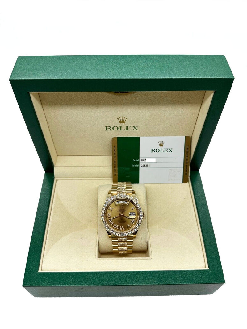 Rolex 228238 President Day Date 40mm Diamond Bezel Dial Band 18K  Gold Box Paper