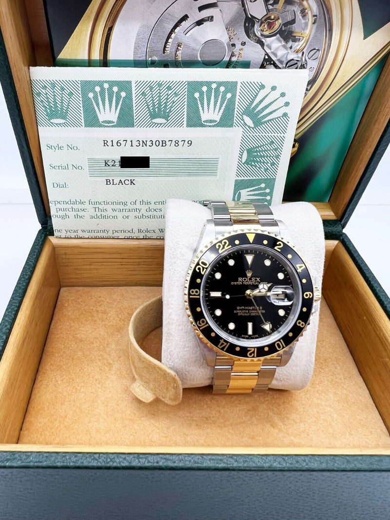 Rolex GMT Master II 16713 Black Dial 18K Yellow Gold Stainless Steel Box Paper