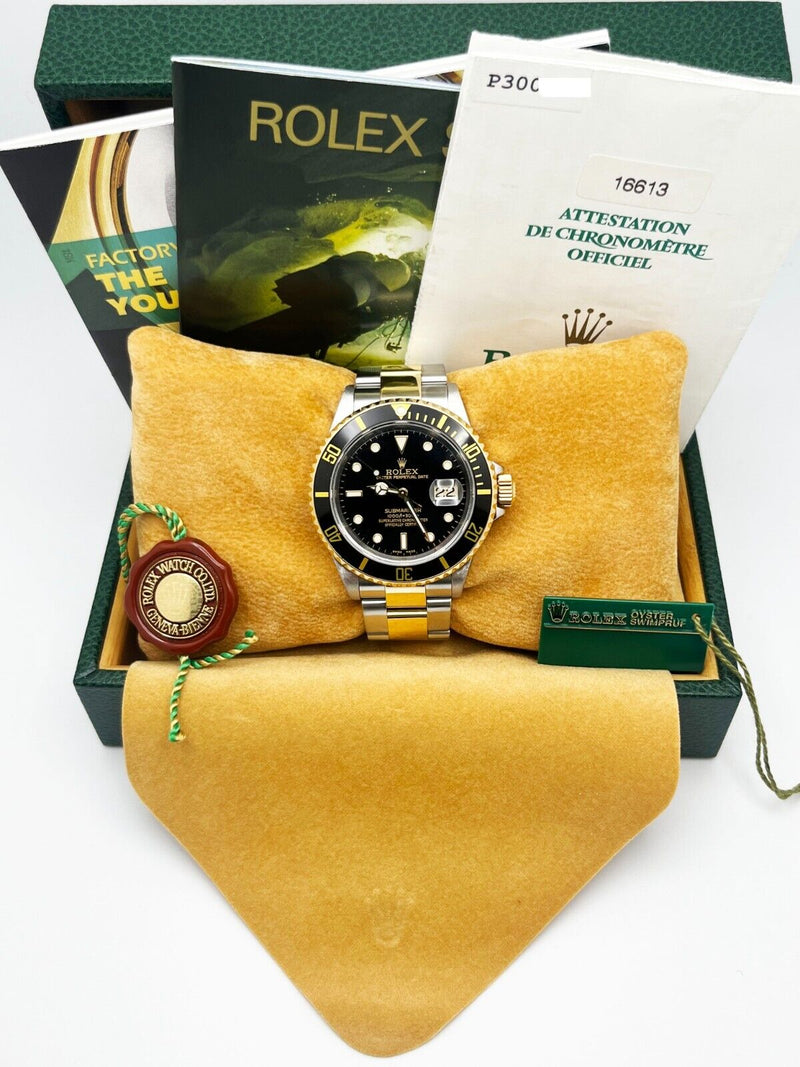 Rolex Submariner 16613 Black 18K Yellow Gold Stainless Steel 2001 Box Papers