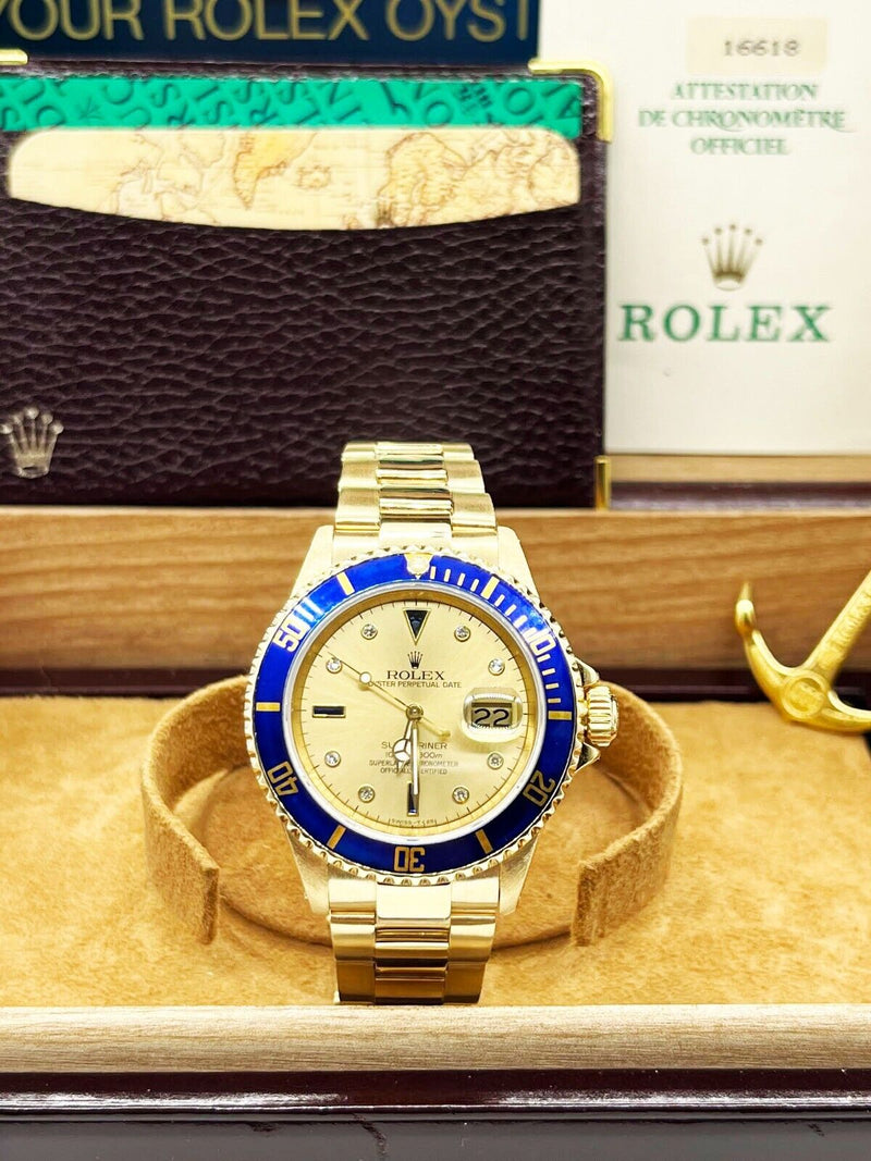 Rolex Submariner 16618 18K Yellow Gold Champagne Serti Dial Box Papers