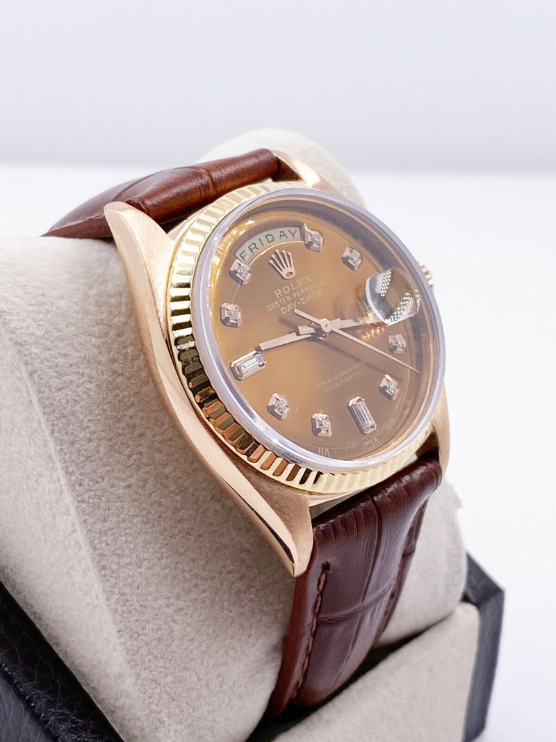 Rolex President Day Date 1803 Chocolate Diamond Dial 18K Rose Gold Leather Strap
