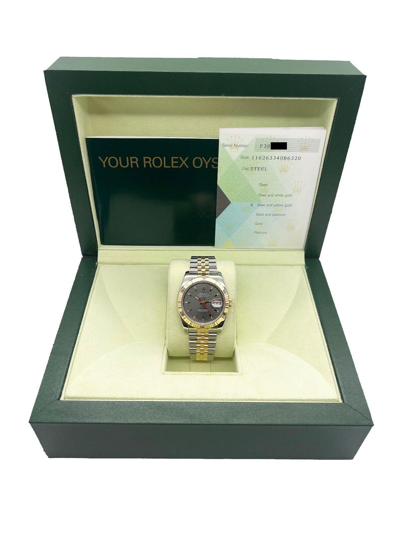 Rolex 116263 Datejust Turn o Graph Silver Dial 18K Yellow Gold Steel Box Paper