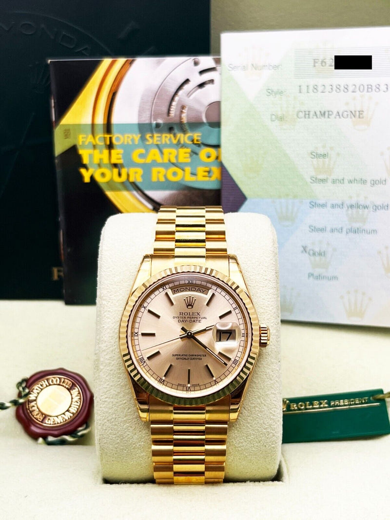Rare Rolex President 118238 Champagne 18K Yellow Gold Box Paper With STICKERS